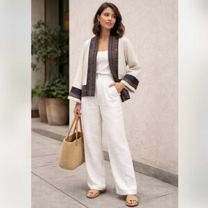 Cream Open-Front Knit Jacket with Navy Patterned Trim